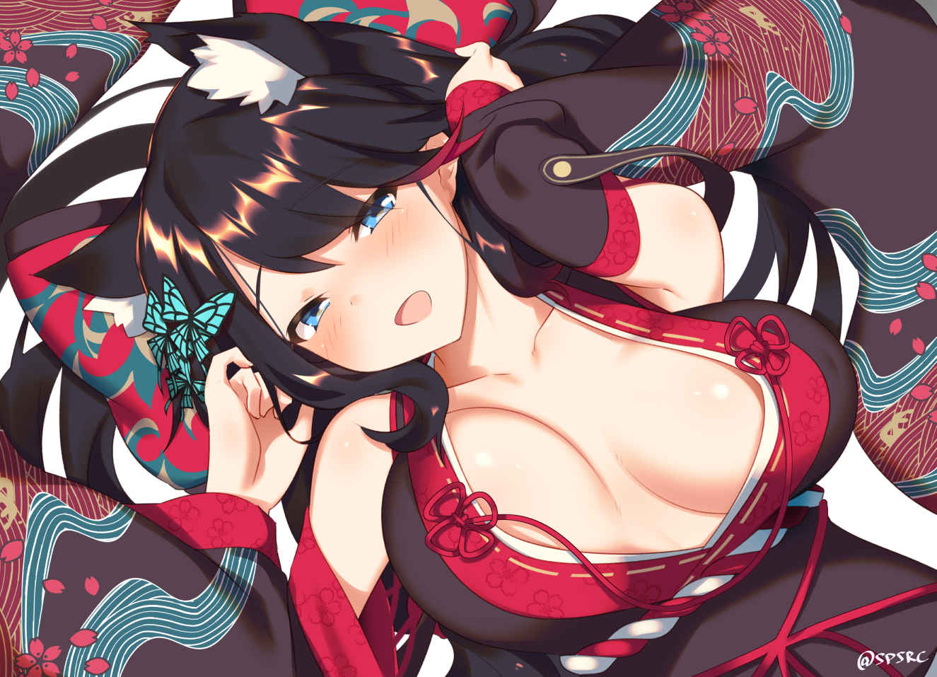 animal_ears, anthropomorphism, aqua_eyes, azur_lane, black_hair, blush, breasts, catgirl