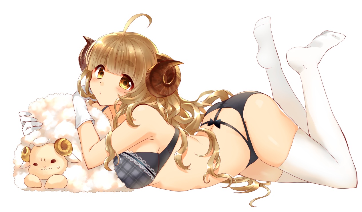 aliasing, anila_(granblue_fantasy), animal, bra, brown_hair, gloves, granblue_fantasy, horns, jin_rikuri, long_hair, panties, sheep, sheepgirl, thighhighs, underwear, white, yellow_eyes