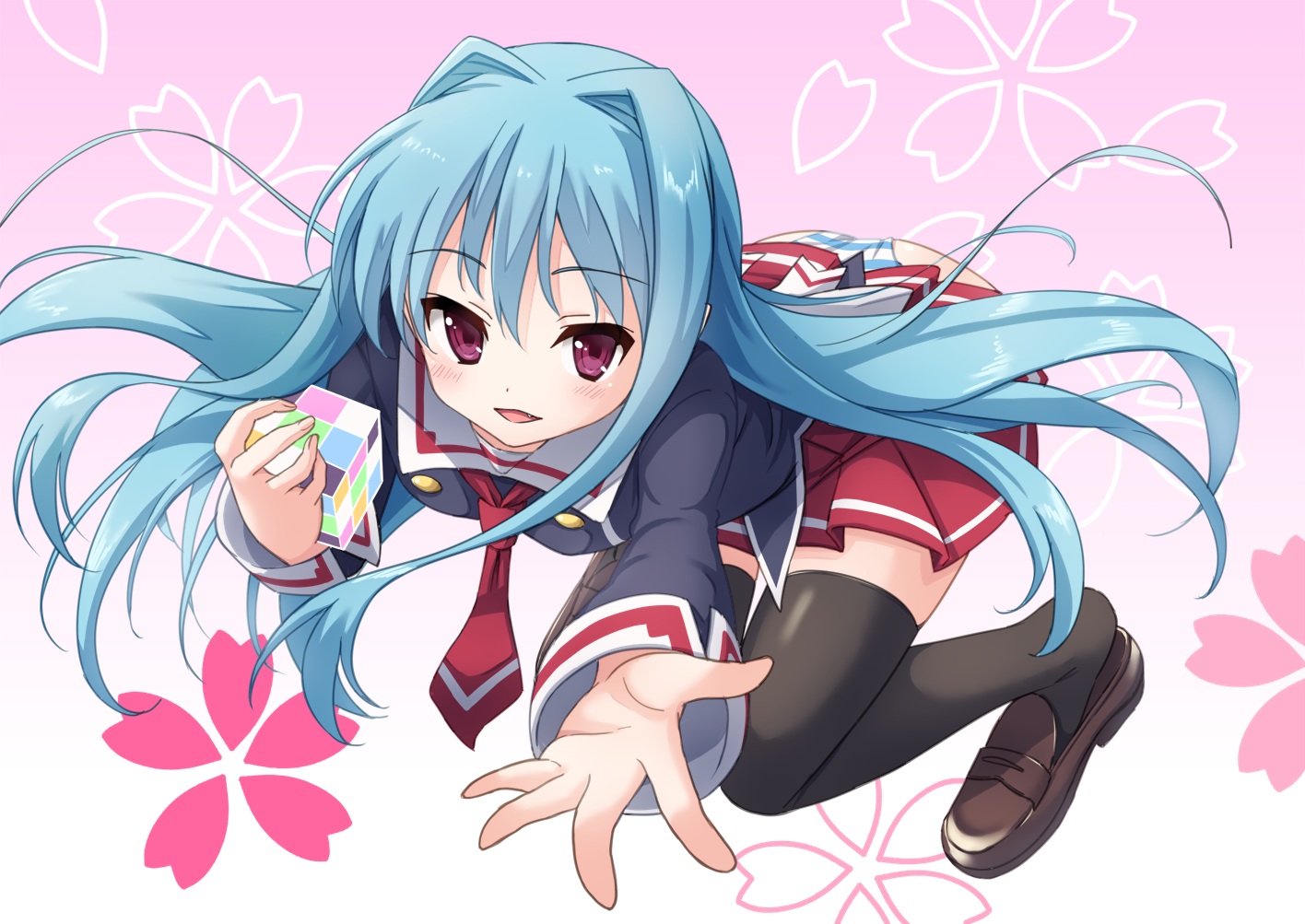 blue_hair, cube_x_cursed_x_curious, fear-in-cube, long_hair, pink_eyes, school_uniform, skirt, thighhighs