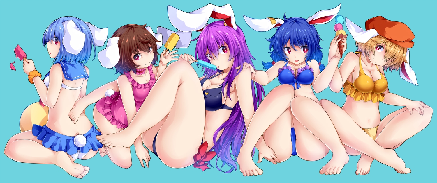 animal_ears, ass, barefoot, bikini, blue_hair, bow, breasts, brown_hair