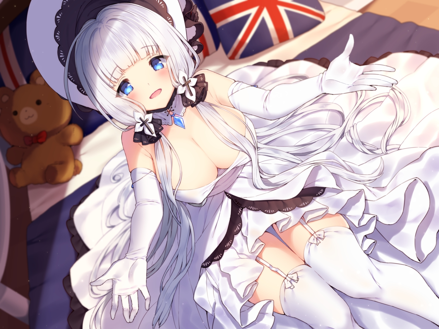anthropomorphism, aqua_eyes, azur_lane, bed, breasts, cleavage, elbow_gloves, erect_nipples
