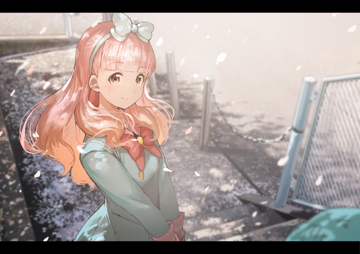 aikatsu!, blush, bow, brown_eyes, headband, koruse, long_hair, petals, pink_hair, school_uniform, yuuki_aine