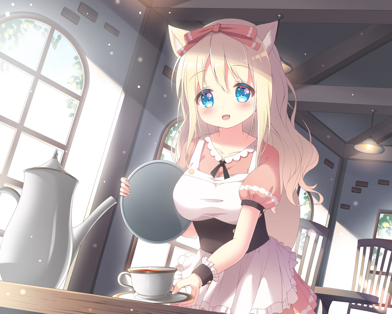 aliasing, animal_ears, apron, aqua_eyes, blonde_hair, blush, breasts, drink, fang, foxgirl, long_hair, original, satsuki_yukimi, waitress, wristwear