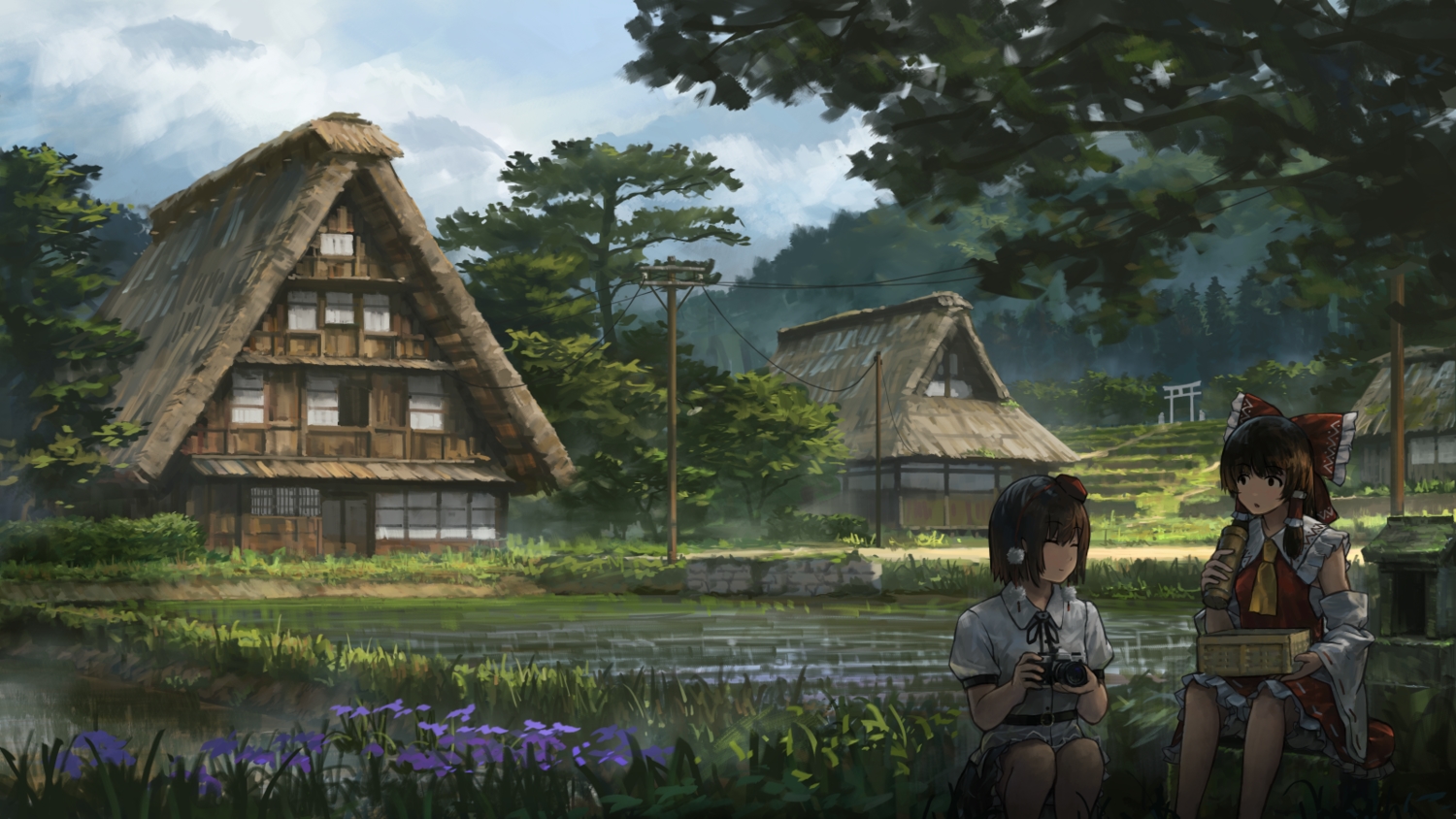 2girls, brown_hair, building, camera, grass, hakurei_reimu, mikado_(winters), scenic, shameimaru_aya, short_hair, torii, touhou, tree, water