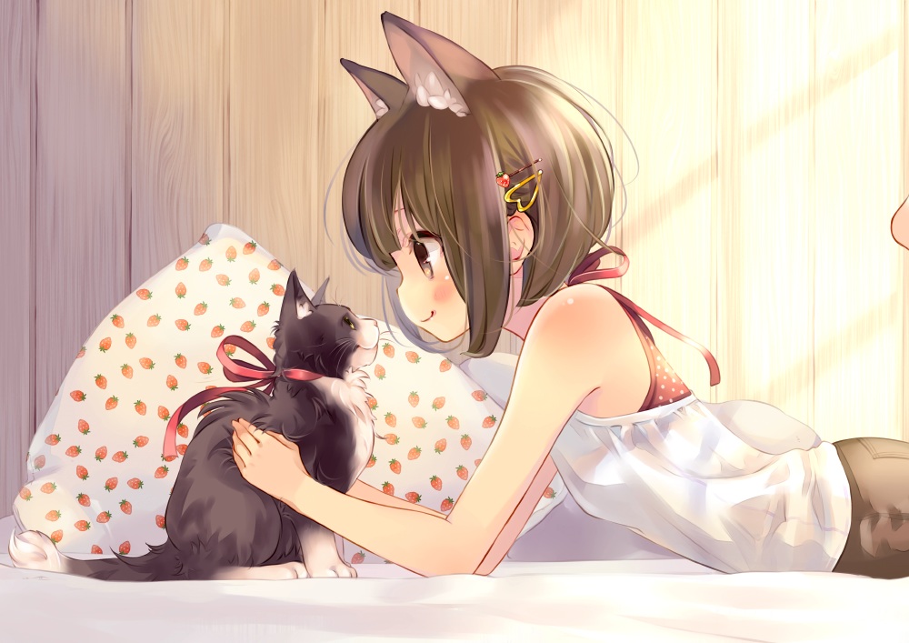 animal, animal_ears, blush, brown_eyes, brown_hair, cat, catgirl, kuga_tsukasa, original, short_hair