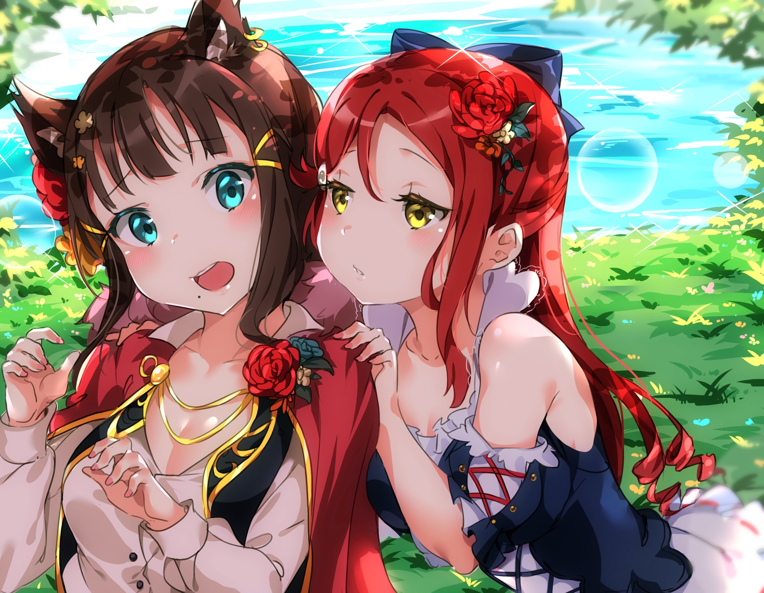 2girls, animal_ears, aqua_eyes, blush, brown_hair, cape, close, dress, flowers, jpeg_artifacts, kurosawa_dia, long_hair, love_live!_school_idol_project, love_live!_sunshine!!, rose, sakurauchi_riko, short_hair, tem10, water, yellow_eyes