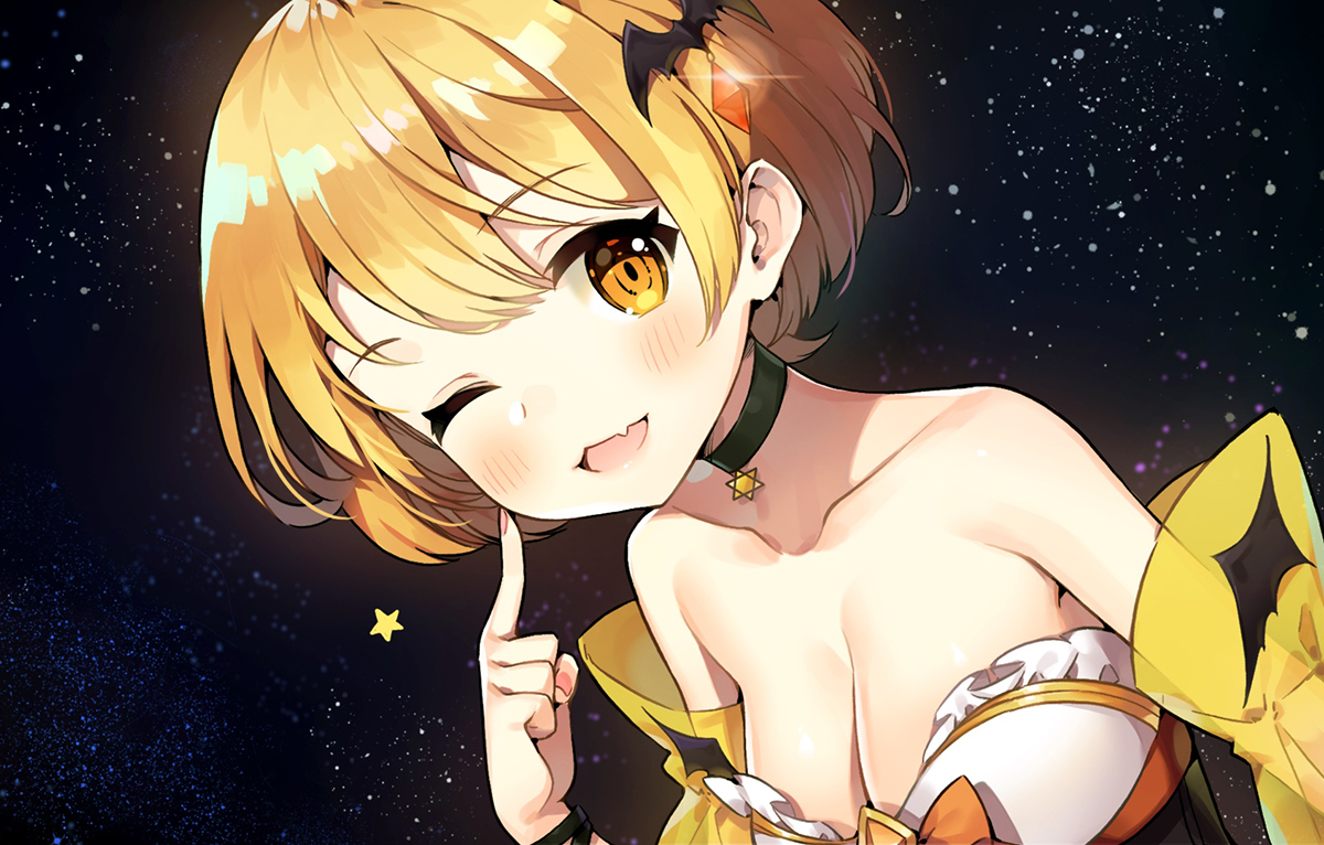 ayamy, blonde_hair, blush, breasts, cat_smile, choker, cleavage, fang, hololive, orange_eyes, short_hair, wink, yozora_mel