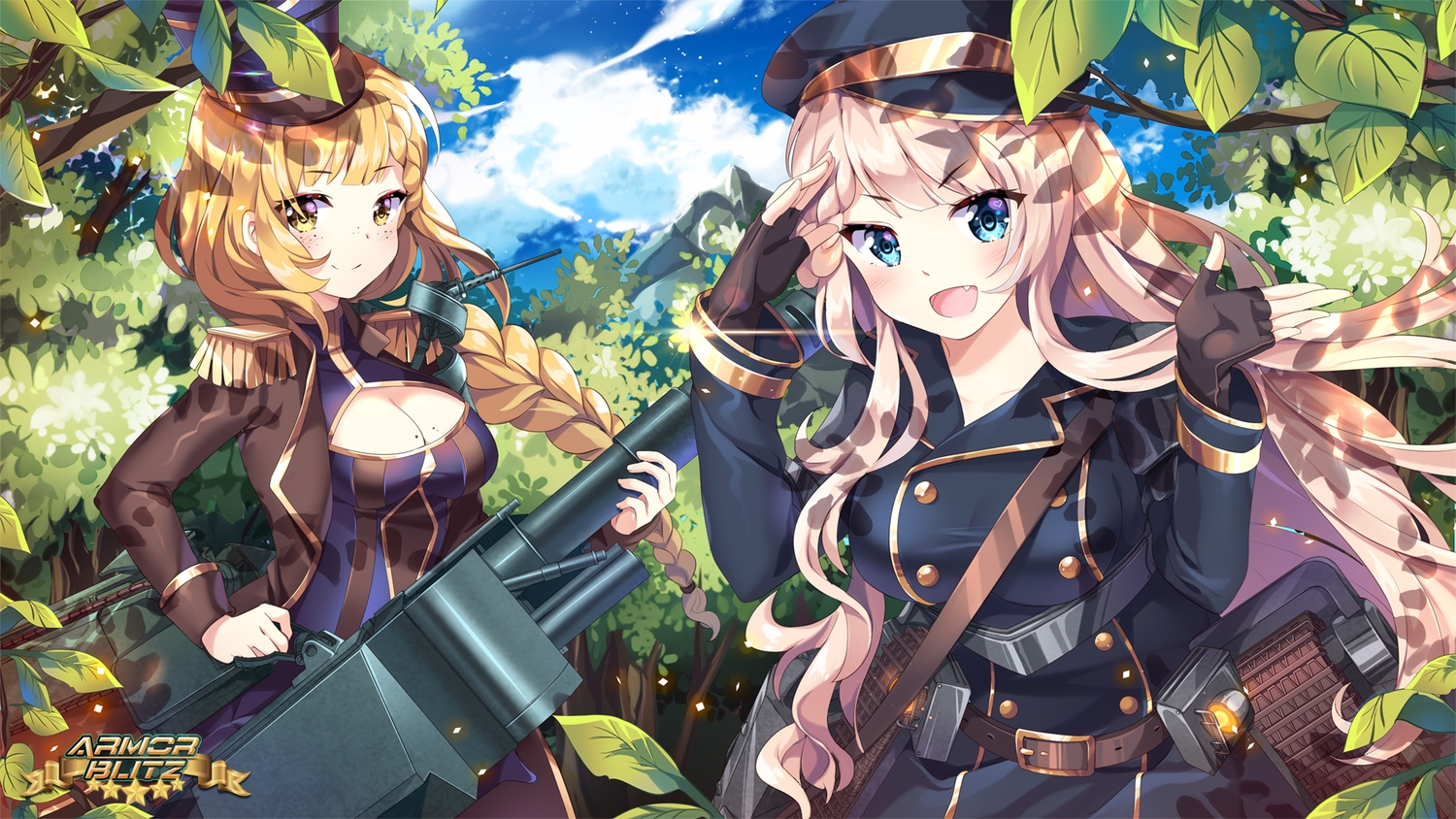 2girls, aqua_eyes, armor_blitz, blonde_hair, braids, breasts, cleavage, clouds, fang, forest, gloves, green, gun, hat, logo, long_hair, military, ponytail, sky, squchan, tree, uniform, weapon, yellow_eyes