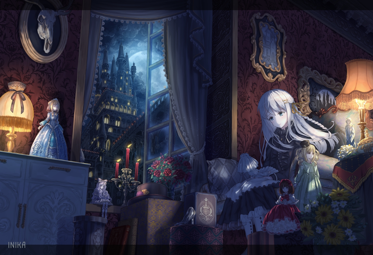 blue_eyes, braids, building, clouds, dark, doll, dress, flowers, goth-loli, inika, landscape, lolita_fashion, long_hair, moon, night, original, scenic, sky, watermark, white_hair