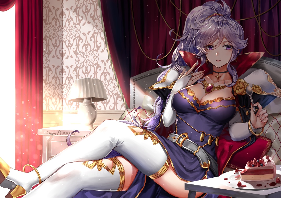 boots, breasts, cake, cleavage, dress, fire_emblem, food, ishtar_(fire_emblem), long_hair, necklace, ponytail, purple_eyes, purple_hair, signed, thighhighs, wani_(fadgrith)
