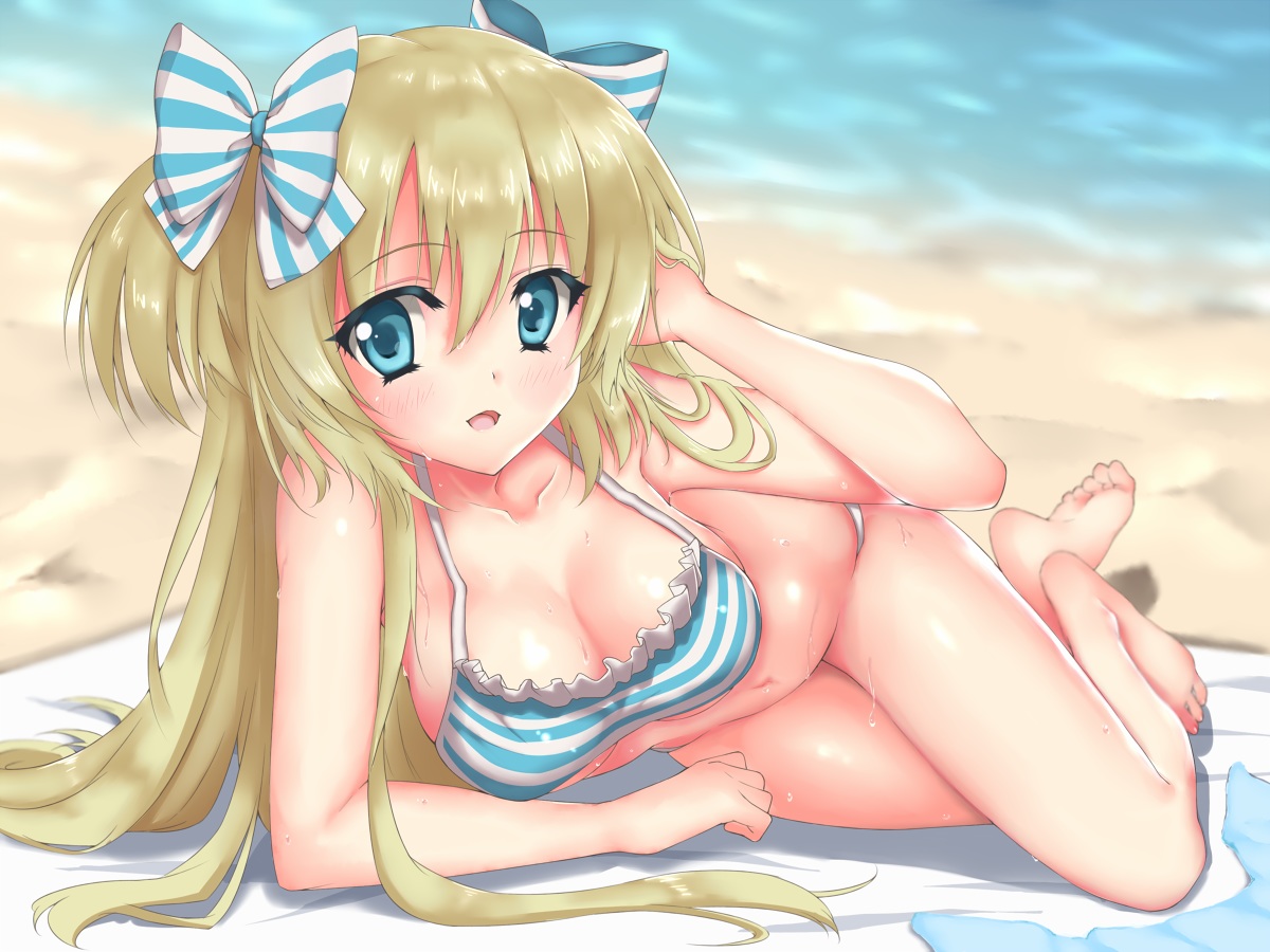 barefoot, beach, bikini, blonde_hair, blue_eyes, bow, breasts, cleavage, liz_hohenstein, long_hair, schwarzesmarken, shingyo, swimsuit, water