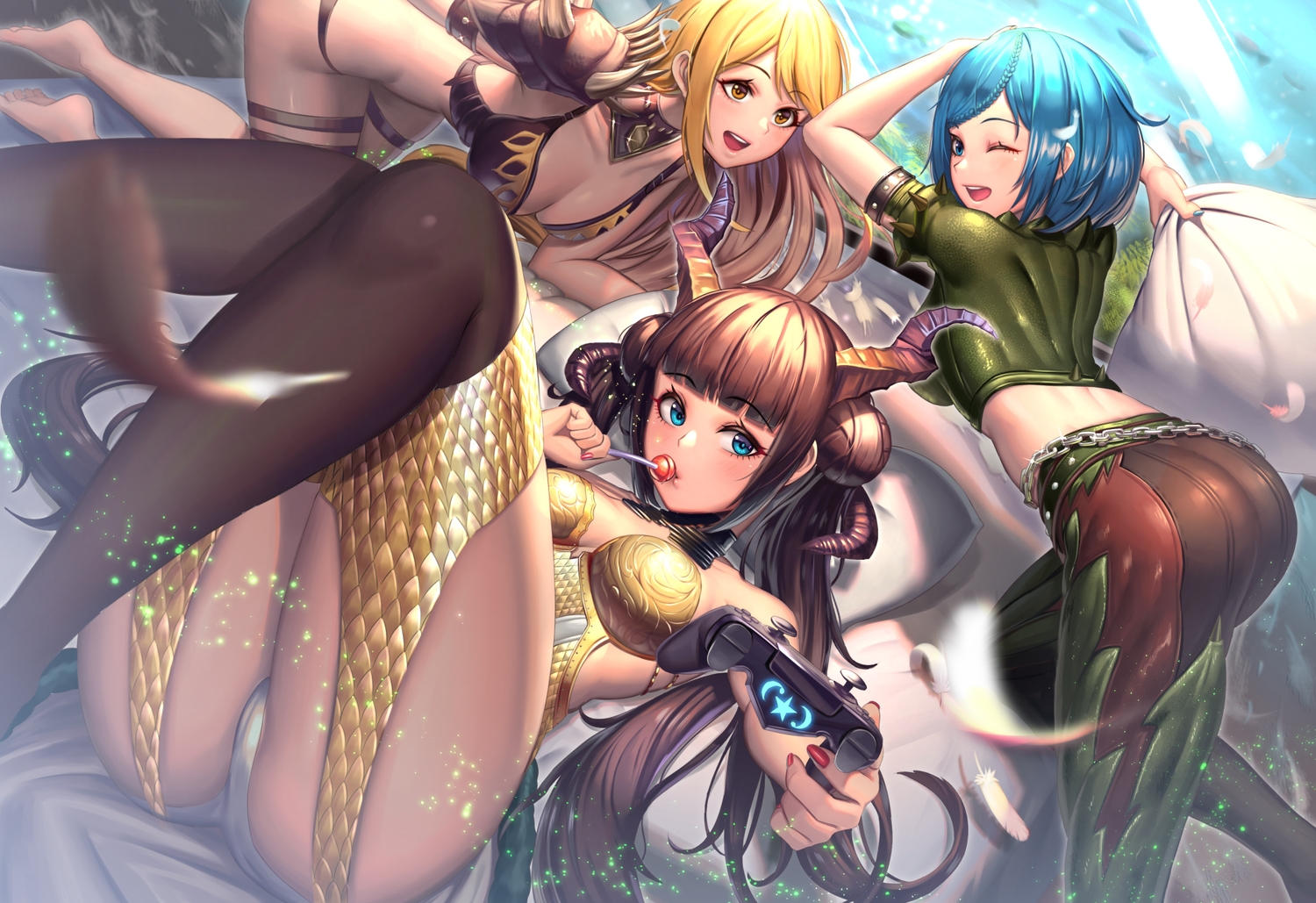 aqua_hair, armor, ass, bikini, blonde_hair, braids, breasts, brown_hair