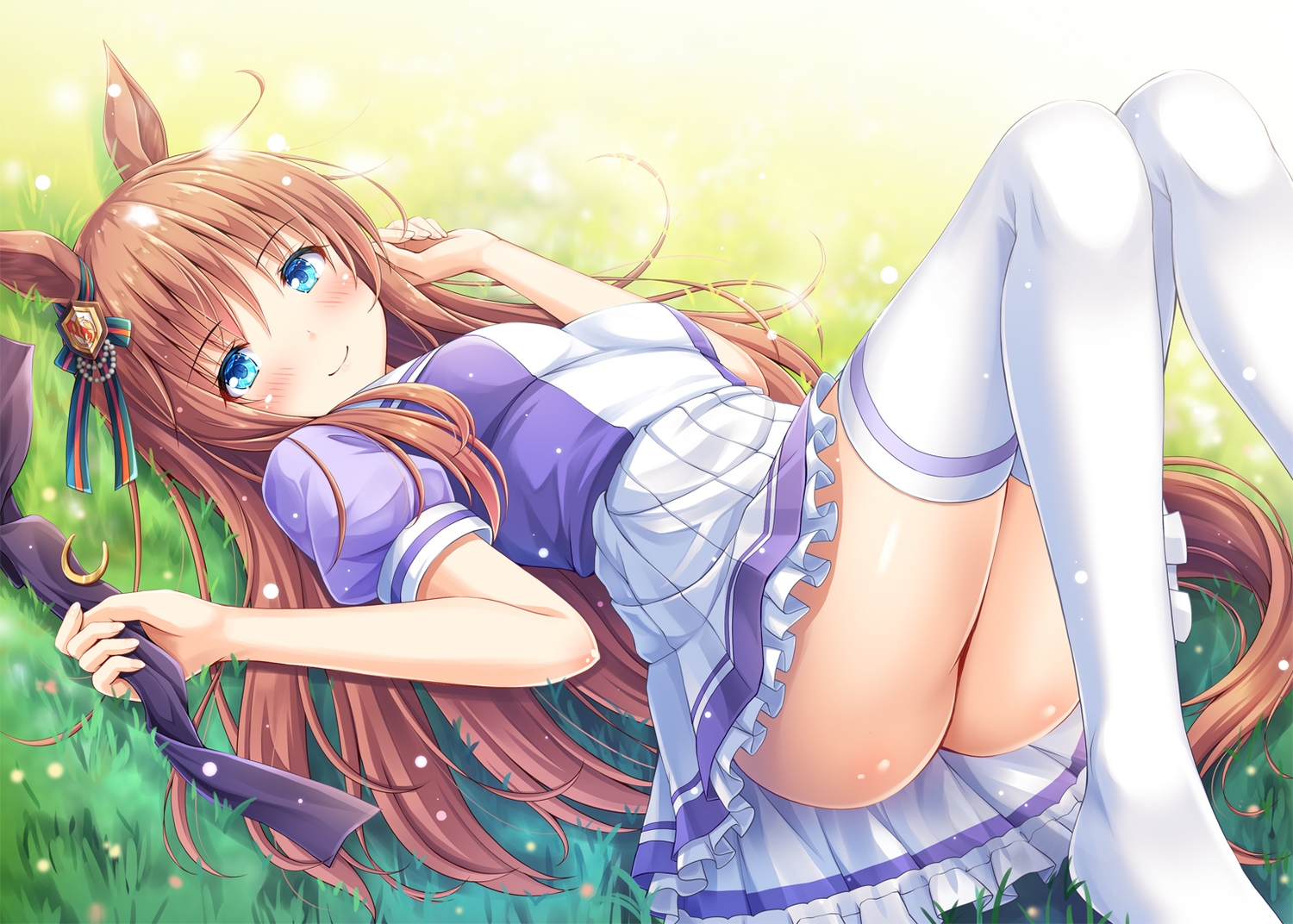 akashio_(loli_ace), animal_ears, anthropomorphism, aqua_hair, ass, blush, brown_hair, grass