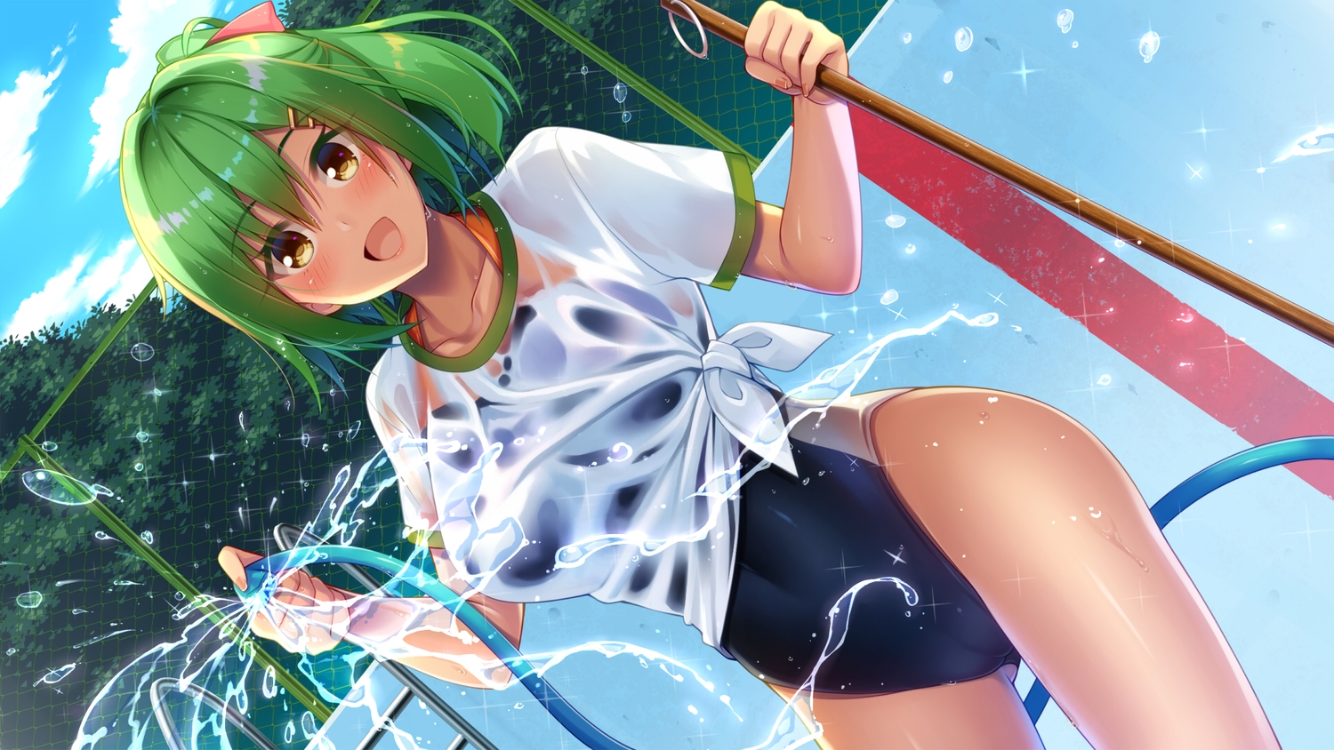 blush, cameltoe, green_hair, hatachi, long_hair, navel, original, ponytail