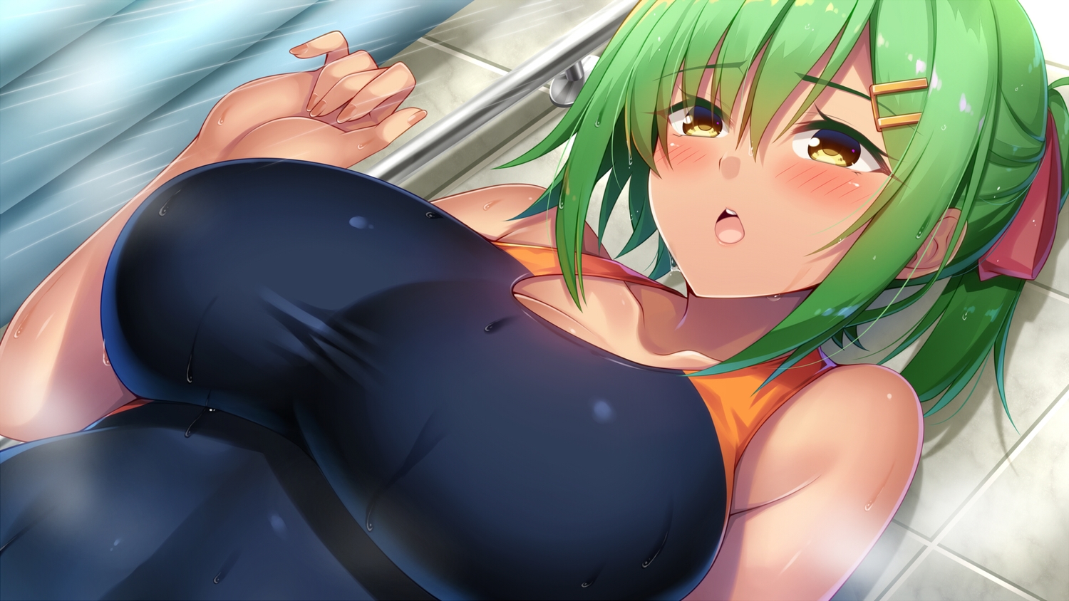 blush, breasts, close, green_hair, hatachi, original, short_hair, swimsuit