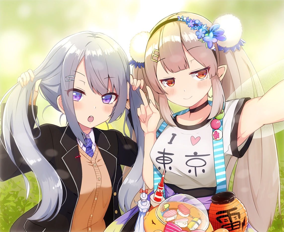 2girls, blonde_hair, blush, choker, elu_(nijisanji), gray_hair, headband, higuchi_kaede