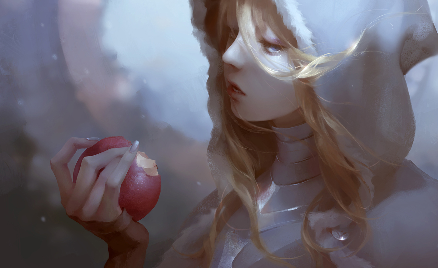 apple, armor, blonde_hair, blue_eyes, close, food, fruit, hood