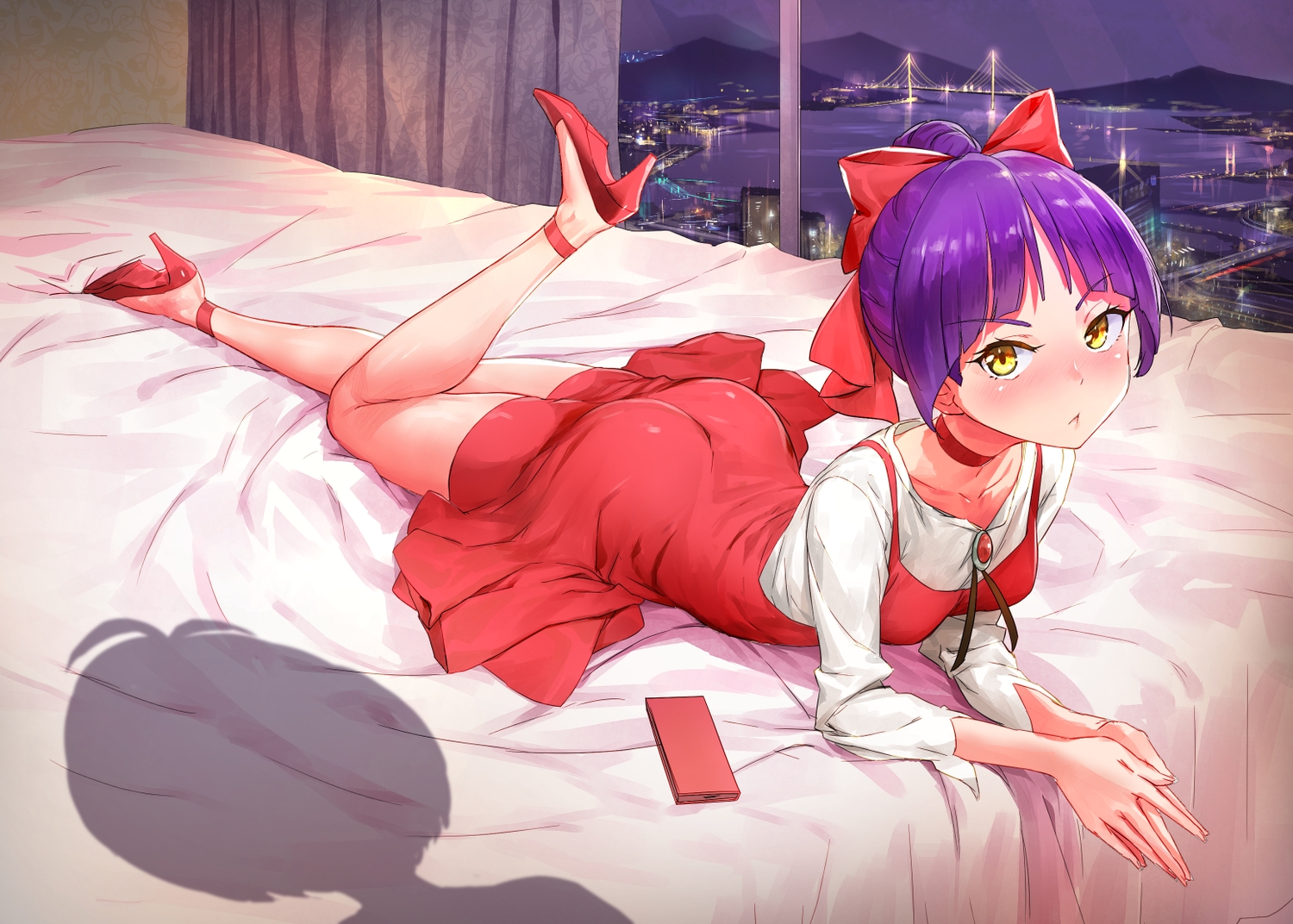 ass, bed, bow, building, choker, city, crystal_shoujo, dress, gegege_no_kitaro, kitaro_(gegege_no_kitaro), neko_musume, night, purple_hair, short_hair, yellow_eyes