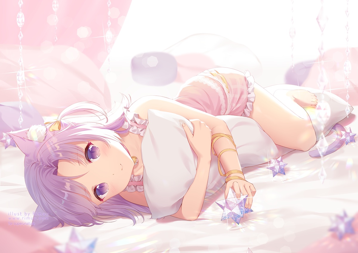 animal_ears, barefoot, bed, bell, catgirl, collar, original, purple_eyes