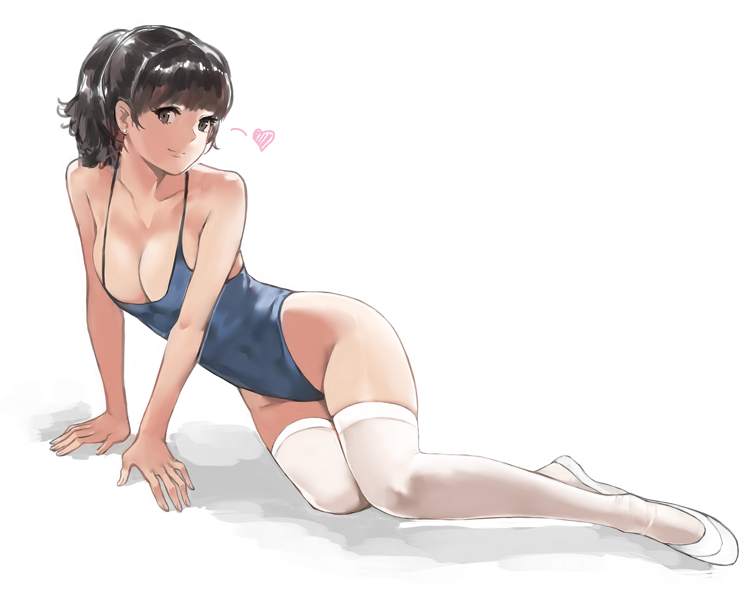 black_eyes, bodysuit, breasts, brown_hair, cleavage, heart, original, ponytail