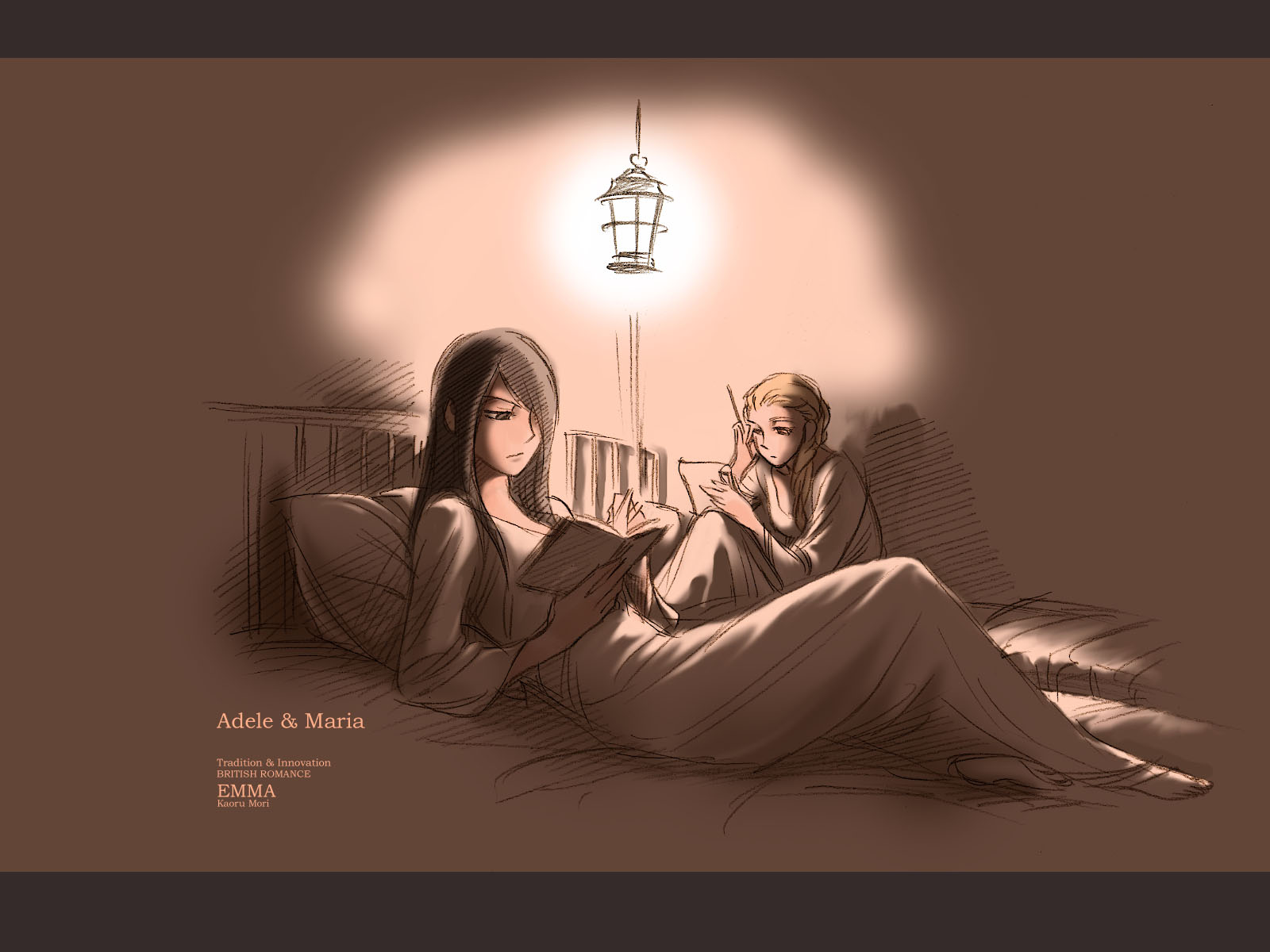 2girls, adele, bed, black_hair, blonde_hair, book, maria_(victorian_romance_emma), mori_kaoru