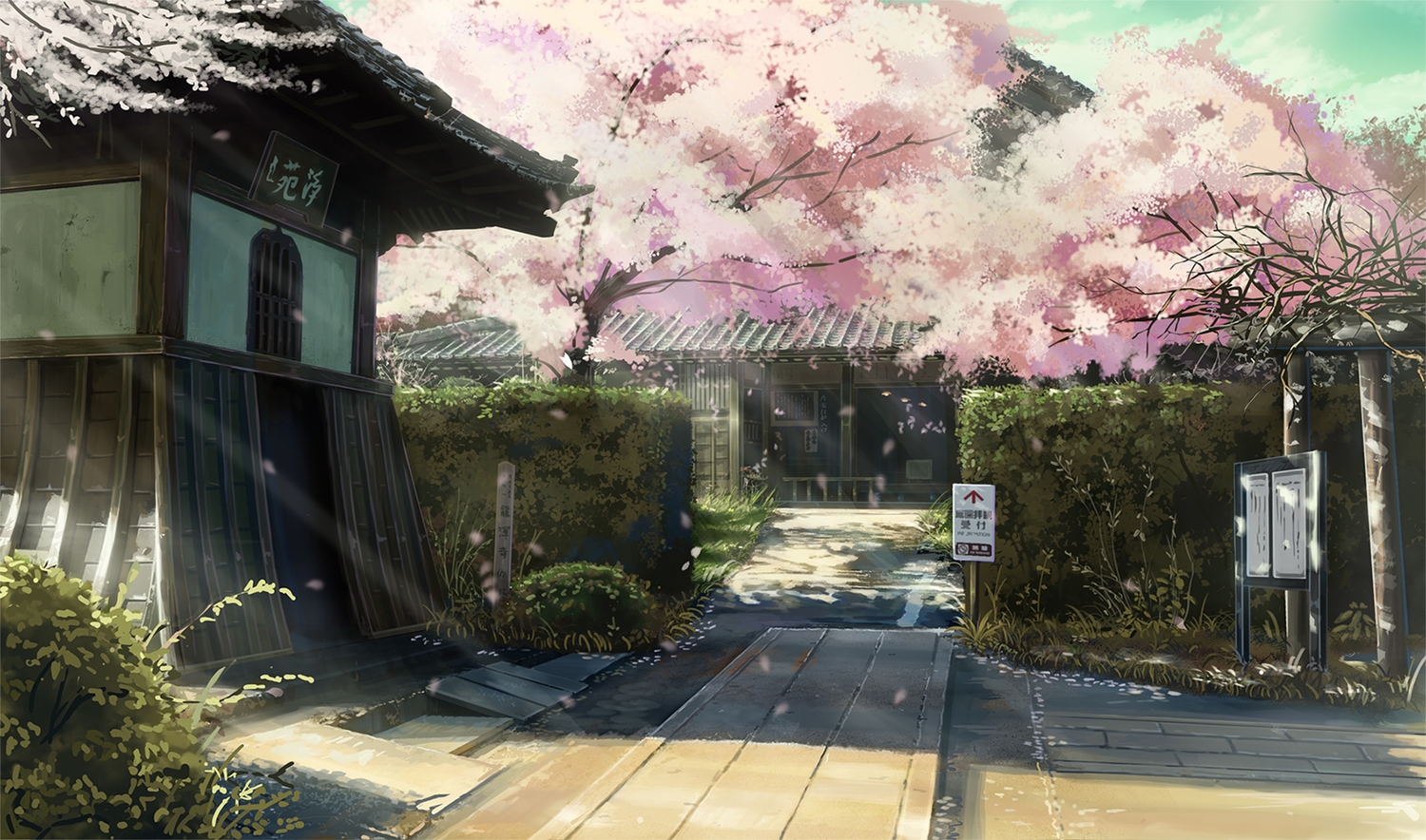 building, cherry_blossoms, flowers, nasu, no_humans, original, petals, scenic