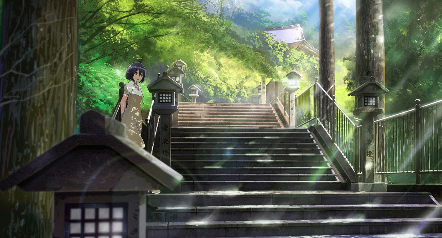 black_hair, brown_eyes, dress, nasu, original, scenic, shade, short_hair