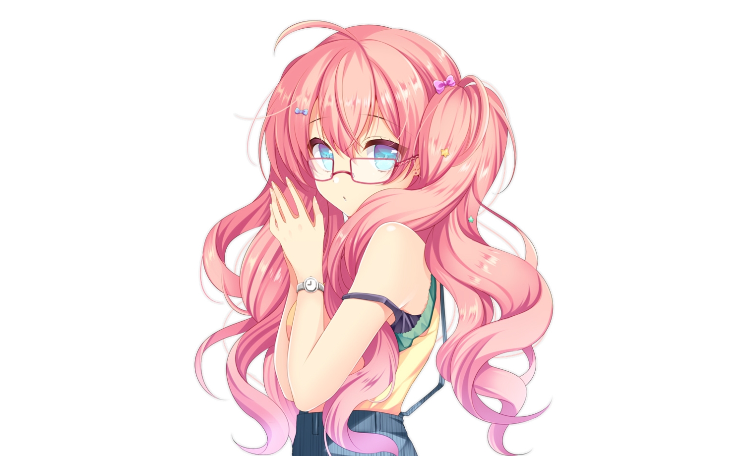 agekichi, aqua_eyes, glasses, long_hair, original, pink_hair, ribbons, twintails