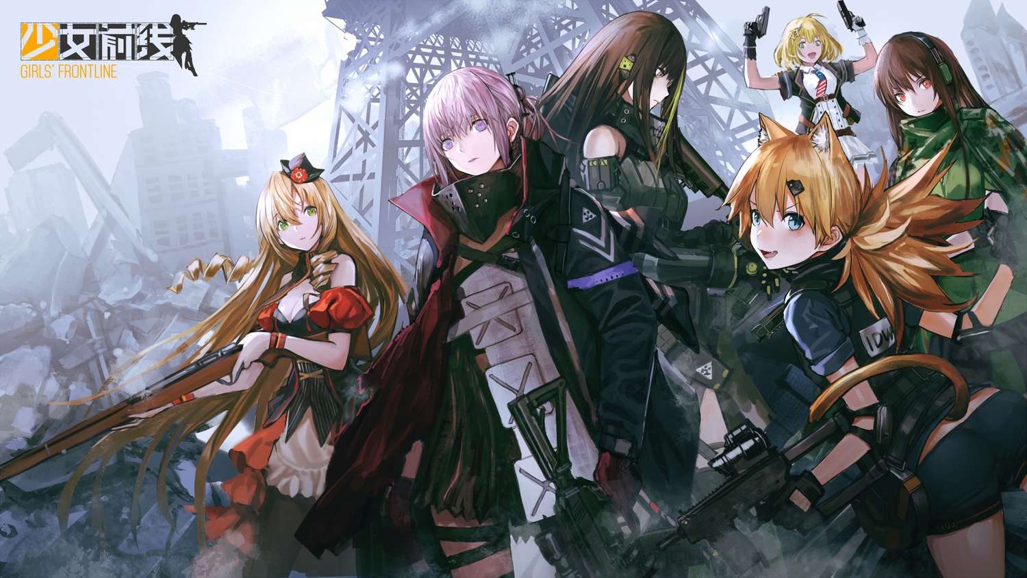 animal_ears, anthropomorphism, blonde_hair, blue_eyes, brown_hair, fn-49_(girls_frontline), girls_frontline, gloves