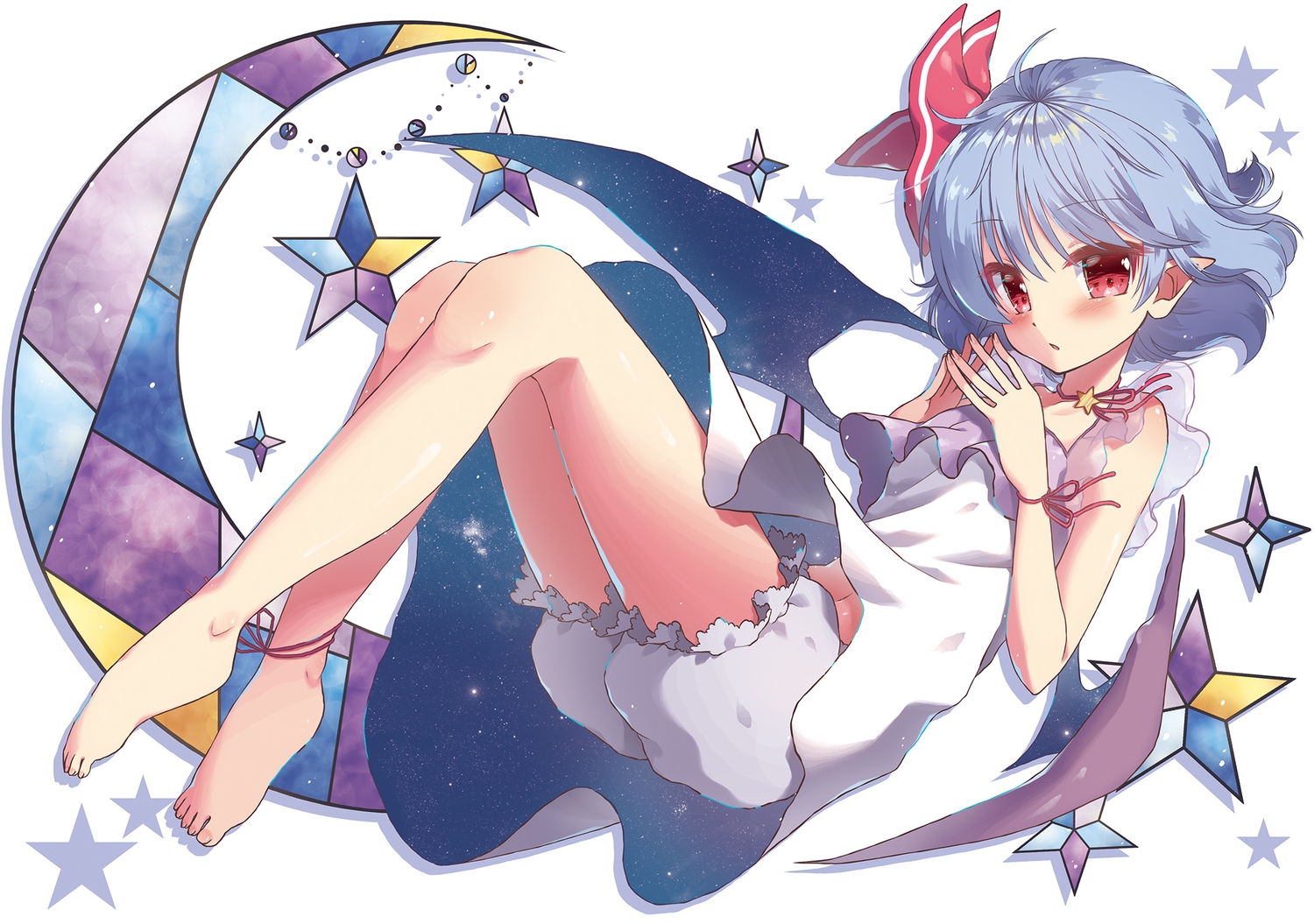 barefoot, beni_kurage, bloomers, blue_hair, blush, dress, pointed_ears, red_eyes