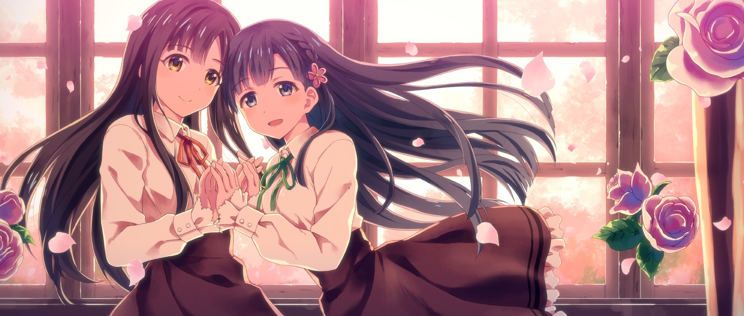 2girls, flowers, idolmaster, idolmaster_cinderella_girls, kobayakawa_sae, long_hair, mizumoto_yukari, rose