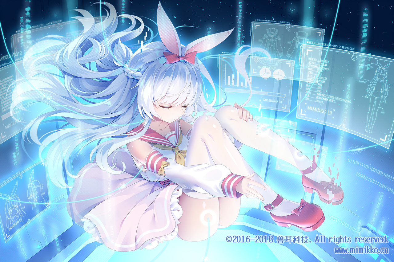 animal_ears, braids, bunny_ears, bunnygirl, dress, long_hair, mimikko_ui, momona_(mvv), mvv, school_uniform, thighhighs, watermark, white_hair