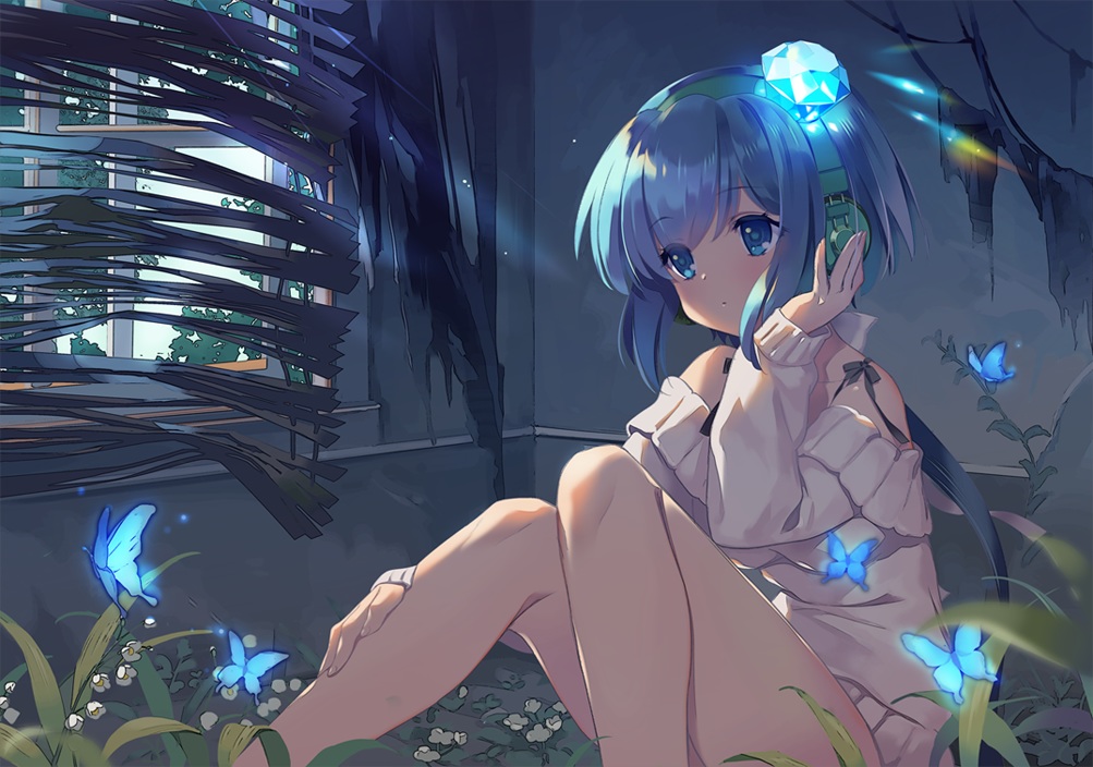 animal, aoki_lapis, blue_eyes, blue_hair, butterfly, grass, headphones, oswald_musashi, short_hair, vocaloid