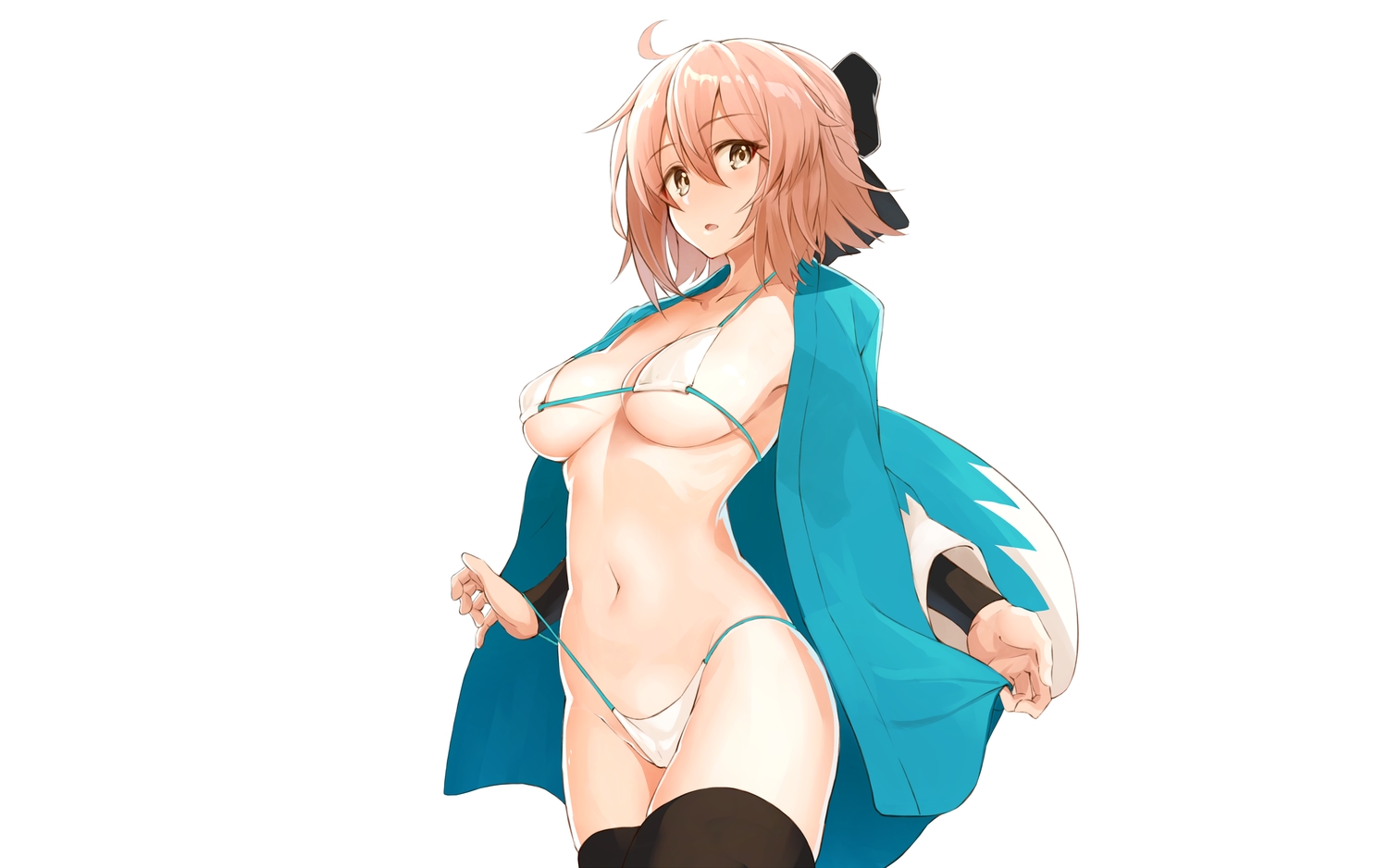 bikini, blonde_hair, breasts, cameltoe, fate/grand_order, fate_(series), japanese_clothes, navel, okita_souji_(fate), open_shirt, short_hair, shunichi, swimsuit, thighhighs, third-party_edit, white