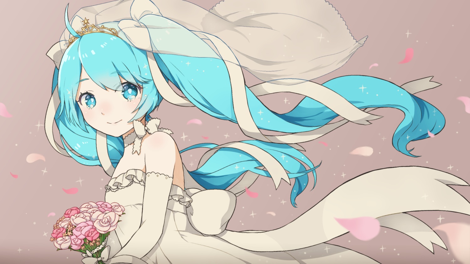 aqua_eyes, aqua_hair, ashika_(yftcc948), dress, elbow_gloves, flowers, gloves, hatsune_miku, headdress, long_hair, petals, tiara, twintails, vocaloid, wedding_attire