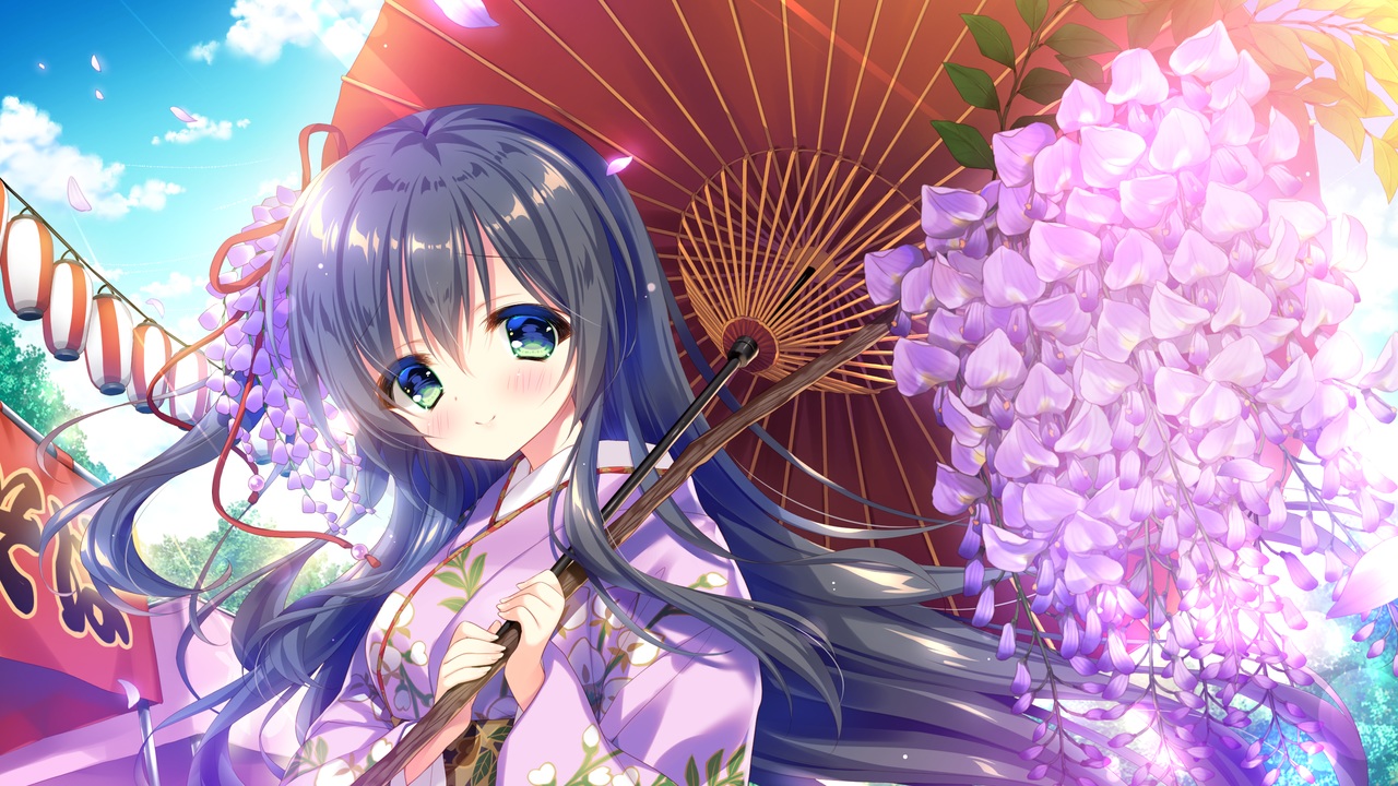 black_hair, catgirl, game_cg, green_eyes, japanese_clothes, kimono, koneko_neko_neko, long_hair