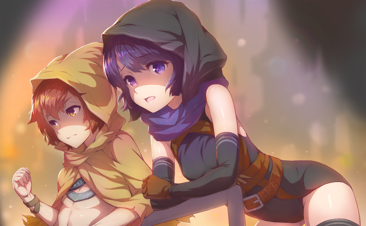 bodysuit, brown_hair, cape, elbow_gloves, gakuen-chou, gloves, hood, male, nigel_(sdorica), purple_eyes, purple_hair, sdorica_-sunset-, short_hair, yamitsuki_(sdorica), yellow_eyes