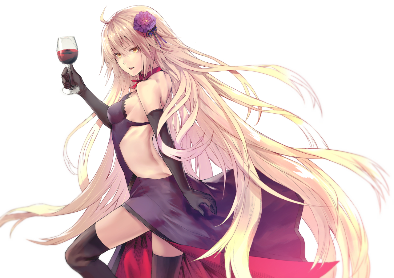 applekun, blonde_hair, breasts, drink, elbow_gloves, fate/grand_order, fate_(series), flowers, gloves, jeanne_d'arc_alter, jeanne_d'arc_(fate), long_hair, thighhighs, yellow_eyes