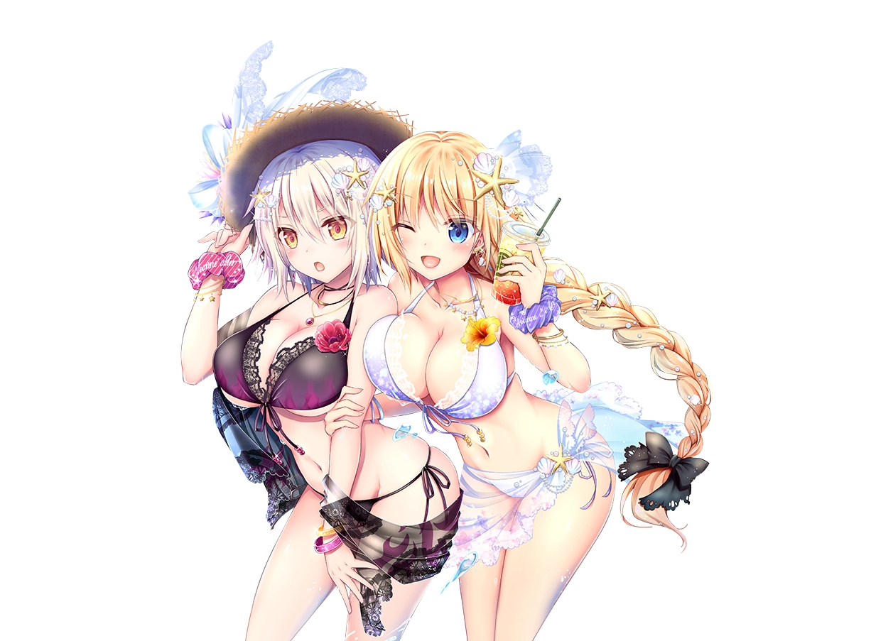 bikini, blonde_hair, blue_eyes, braids, breasts, cleavage, drink, fate/grand_order, fate_(series), geko_ohoshisama, hat, jeanne_d'arc_alter, jeanne_d'arc_(fate), long_hair, necklace, ponytail, short_hair, swimsuit, white, white_hair, wink, wristwear, yellow_eyes