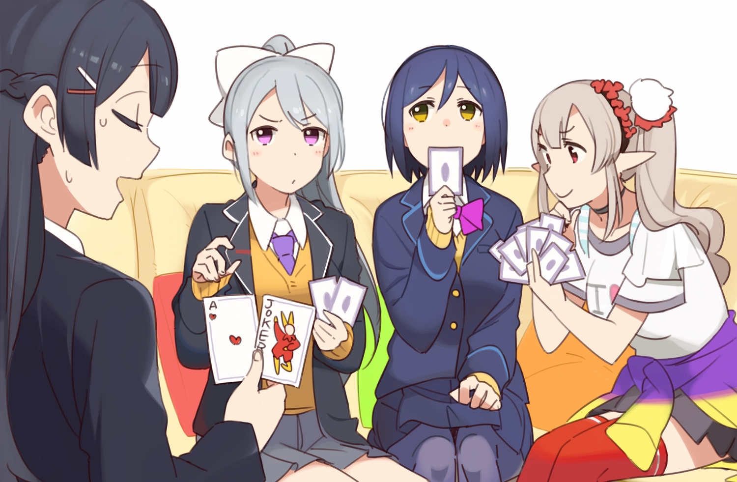 black_hair, bow, braids, choker, elu_(nijisanji), gray_hair, group, headband