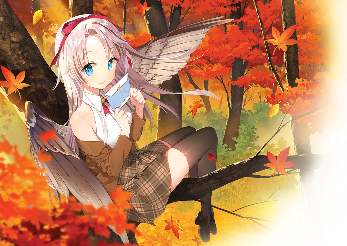 aqua_eyes, autumn, blonde_hair, forest, headband, jpeg_artifacts, leaves, long_hair