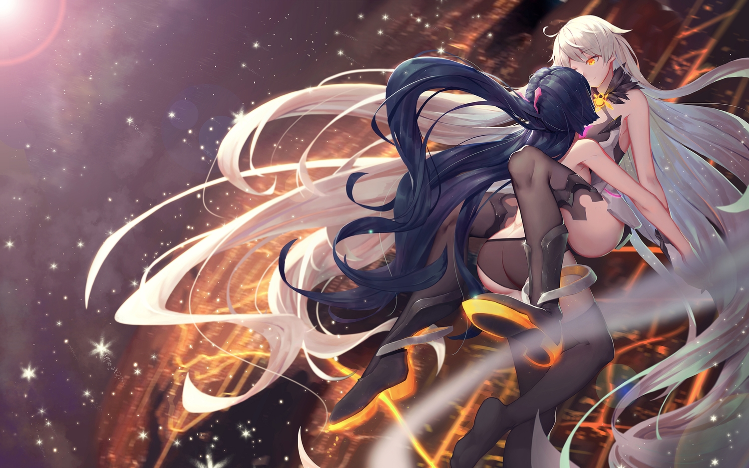 2girls, asa_ni_haru, ass, black_hair, honkai_impact, honkai_(series), kiana_kaslana, long_hair