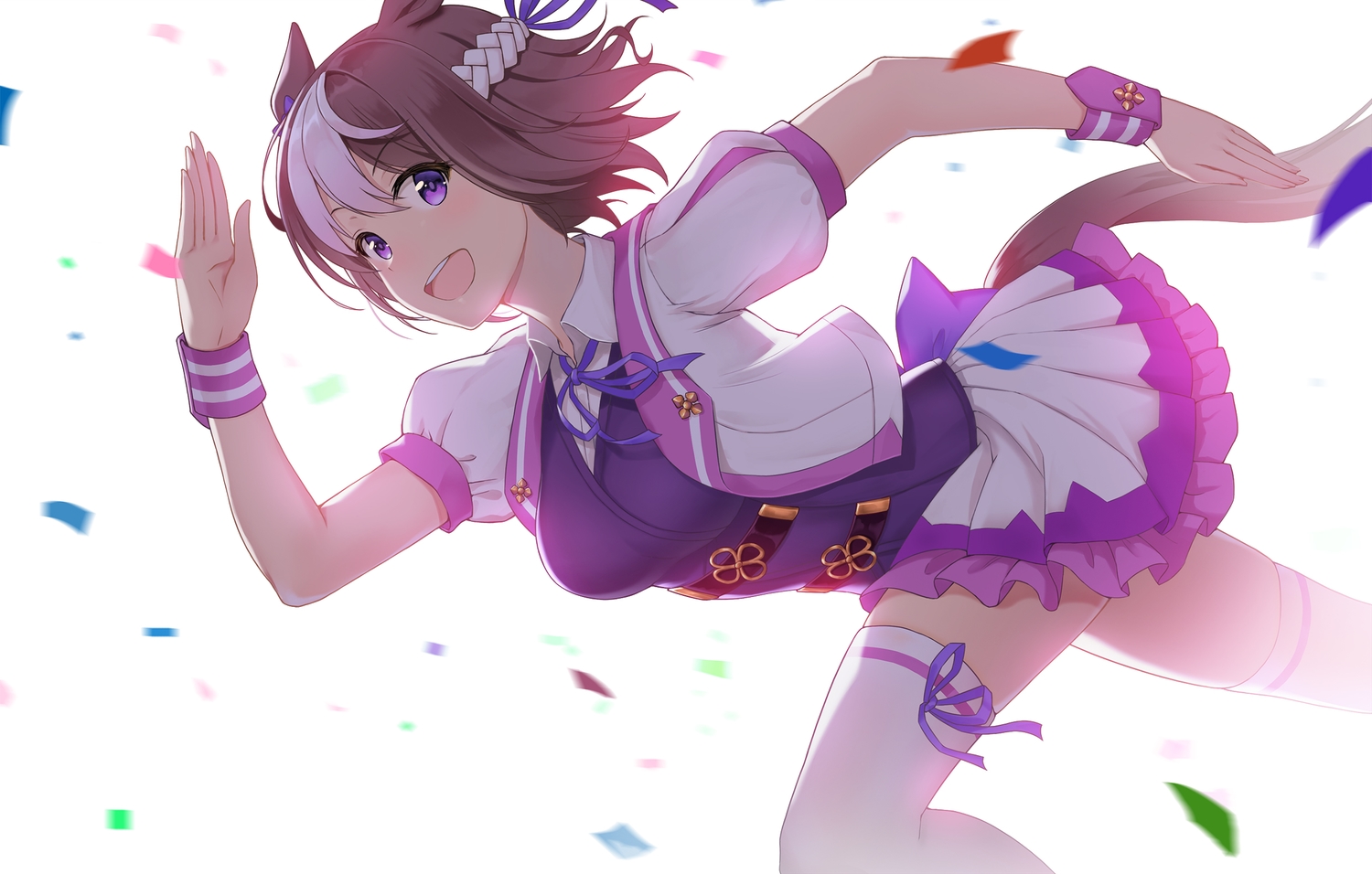 animal_ears, anthropomorphism, braids, brown_hair, purple_eyes, ribbons, school_uniform, short_hair