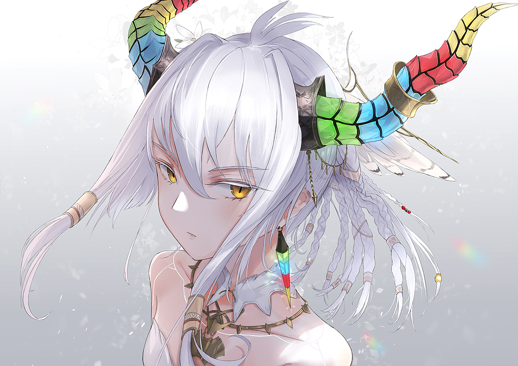 close, feathers, flowers, gradient, horns, kachi, original, short_hair, white_hair, yellow_eyes
