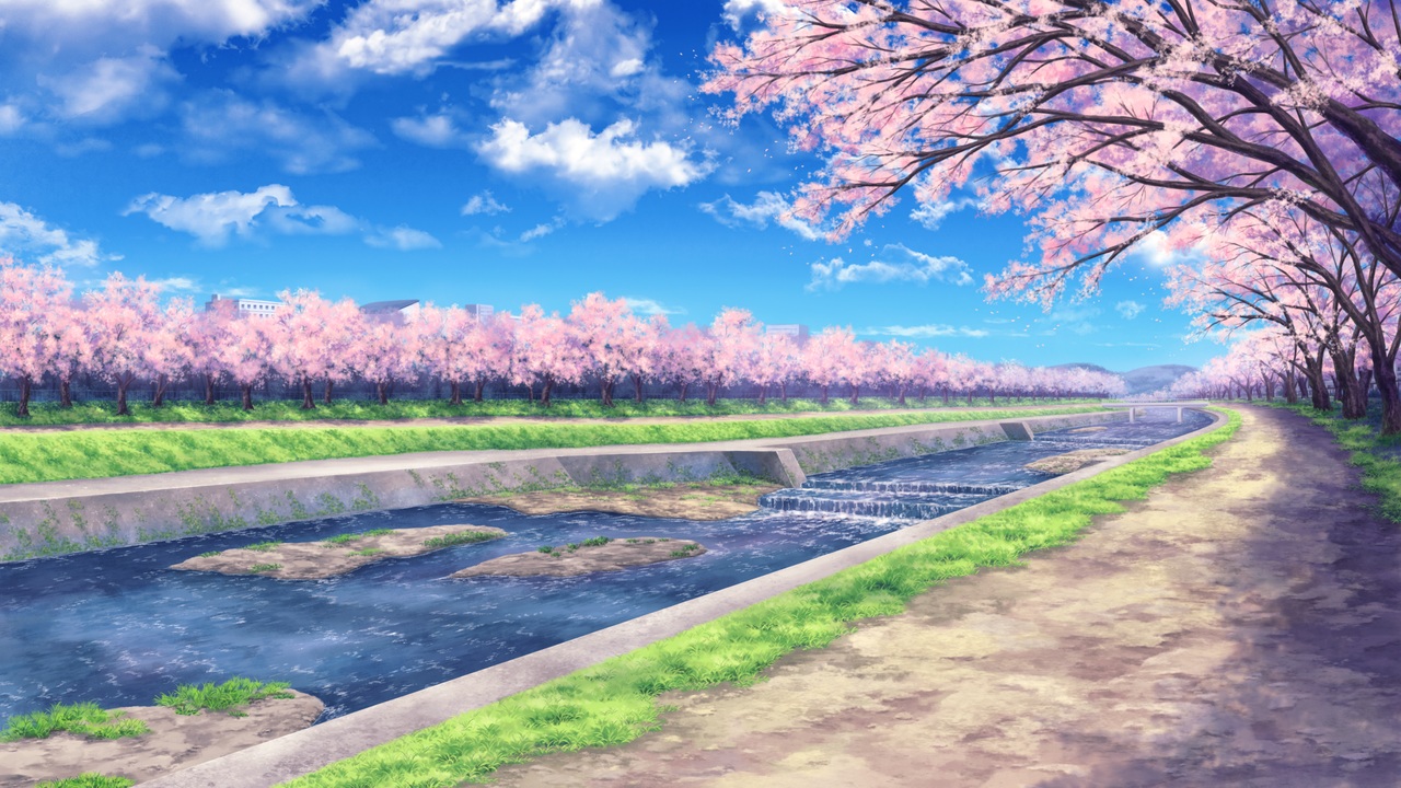 building, cherry_blossoms, clouds, flowers, game_cg, grass, koneko_neko_neko, no_humans