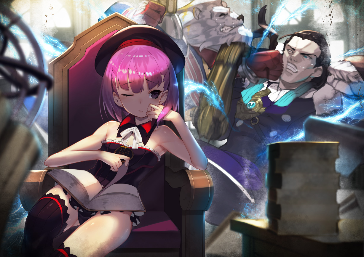 book, fate/grand_order, fate_(series), gloves, helena_blavatsky_(fate), jpeg_artifacts, male, nikola_tesla_(fate/grand_order)