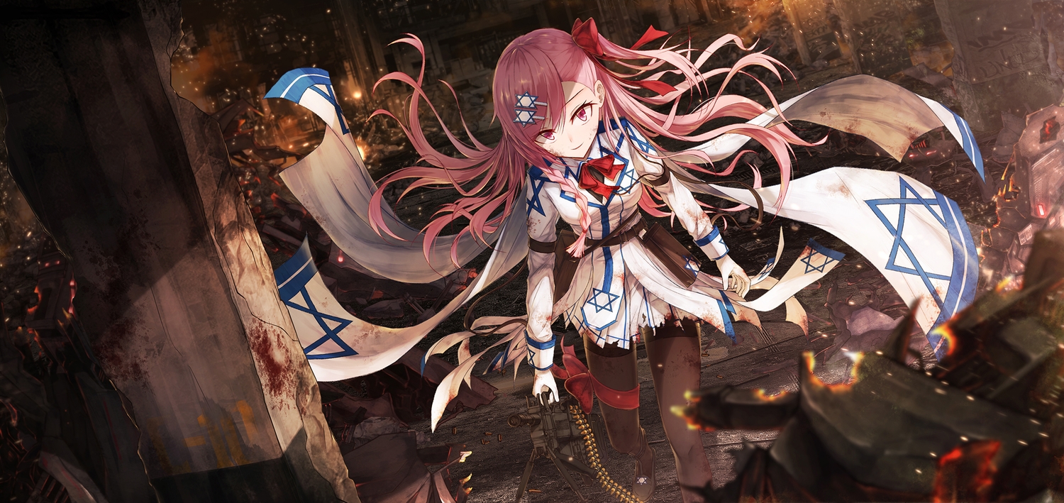 anthropomorphism, bae.c, blood, fire, garter_belt, girls_frontline, long_hair, negev_(girls_frontline), pantyhose, pink_eyes, pink_hair, torn_clothes, uniform, weapon