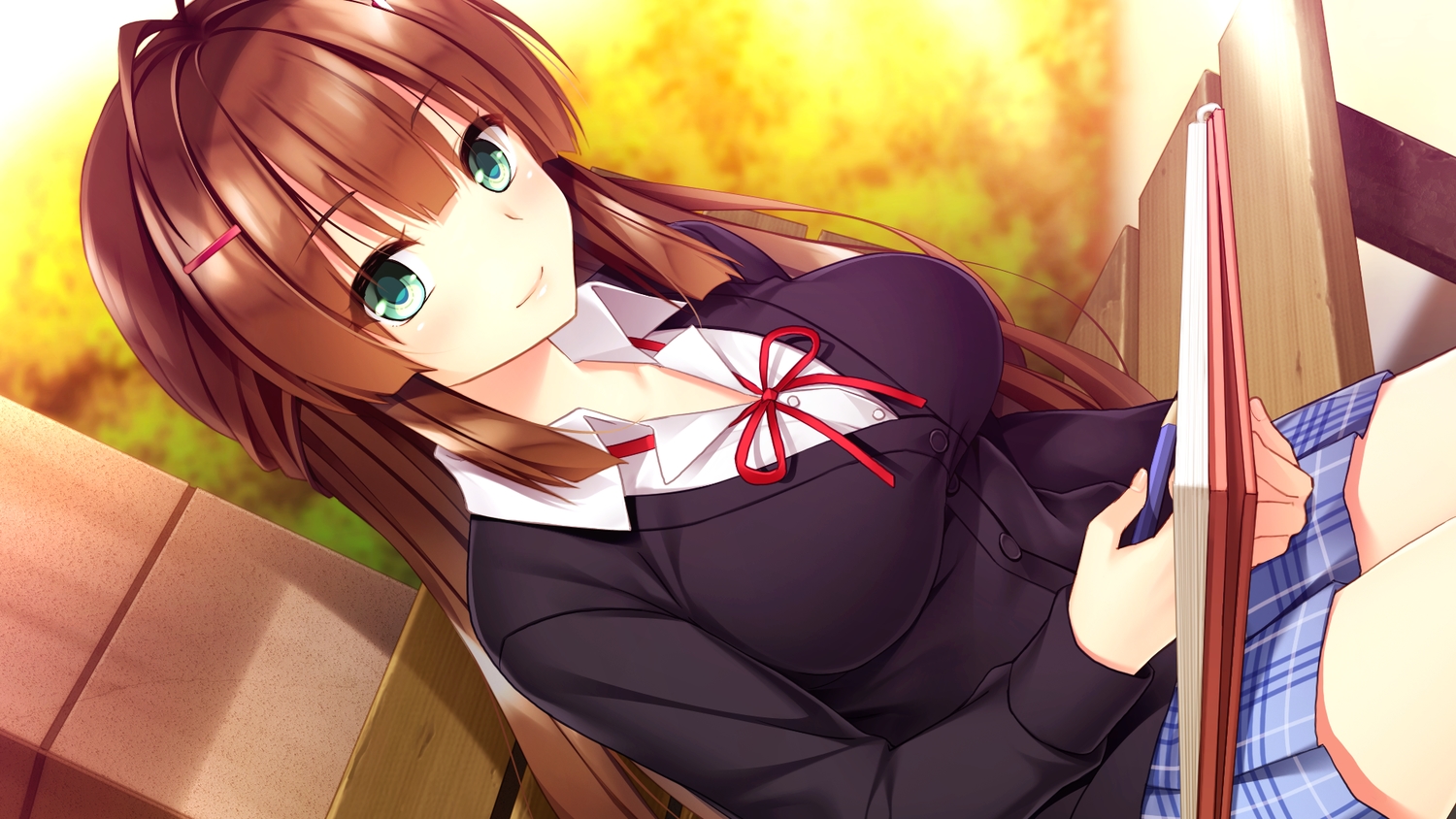 book, breasts, brown_hair, frill, game_cg, green_eyes, ikura_nagisa, kami-machi_sana-chan, long_hair, paper, school_uniform, skirt, takao_sana