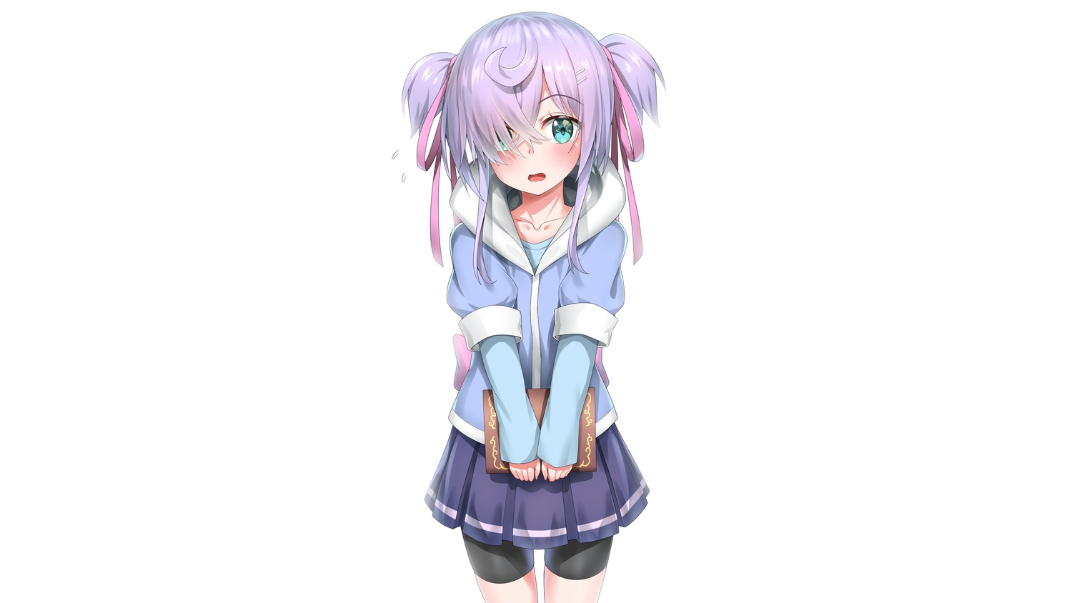 aqua_eyes, bike_shorts, blush, book, hood, nedia_r, original, purple_hair