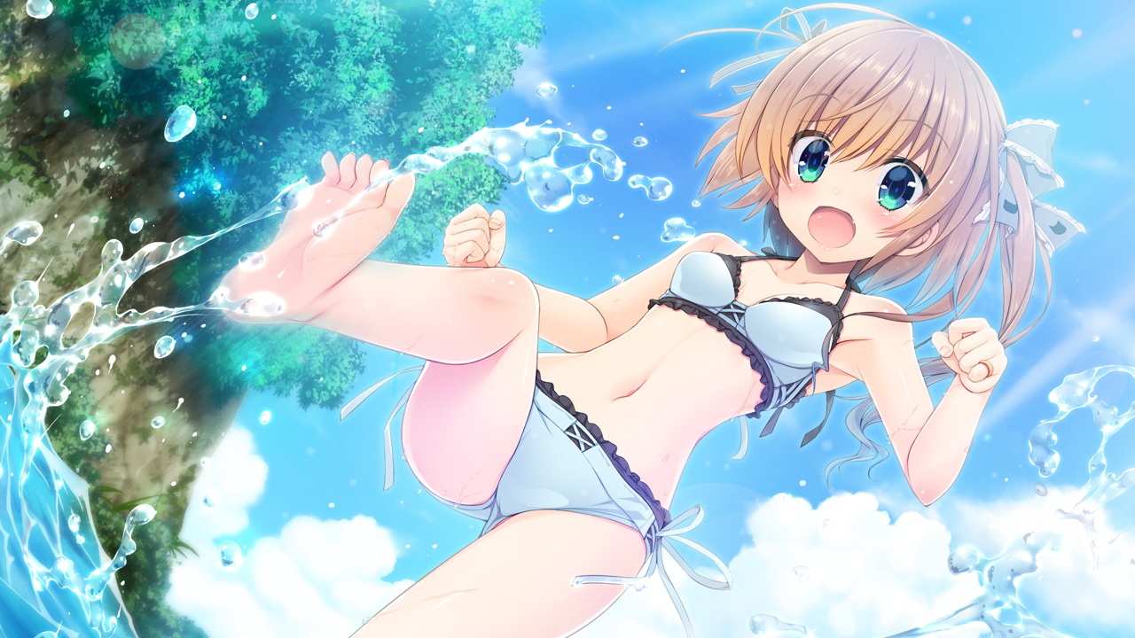 beach, bicolored_eyes, blonde_hair, blue_eyes, blush, game_cg, green_eyes, kazu_kakao, kimi_to_tsunagaru_koi_flag, kobayakawa_haruka, mirage_soft, navel, ribbons, swimsuit, twintails, water, wet